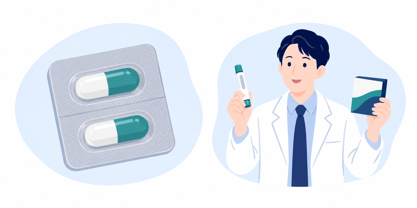 一般的なお薬と、肥満症専用の治療薬について説明する医師のイラスト